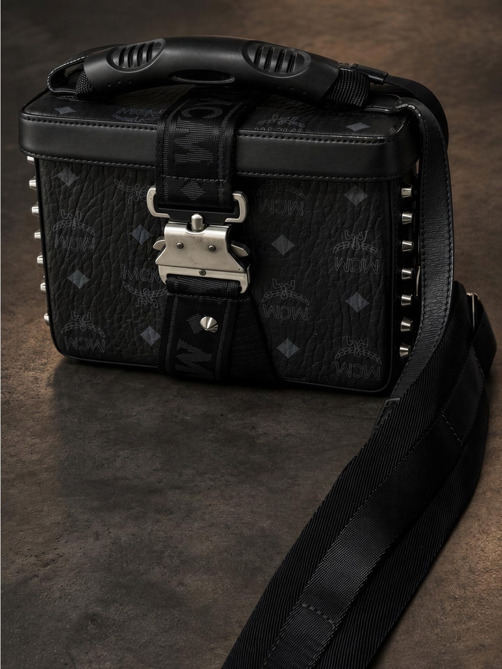 MCM Black Studded Leather Crossbody Trunk Bag